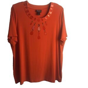 Maggie Barnes‎ Woman's Embellished Vibrant Orange Lagenlook Comfy Blouse Size 2X